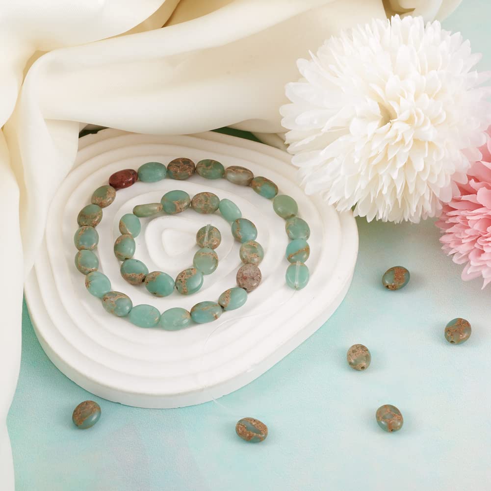 Fashewelry 39pcs Natural Aqua Terra Jasper Stone Beads Flat Oval Healing Crystal Loose Gemstone Beads 10x8mm for Jewelry Necklace Bracelet Earring Craft, 15.35 Inch
