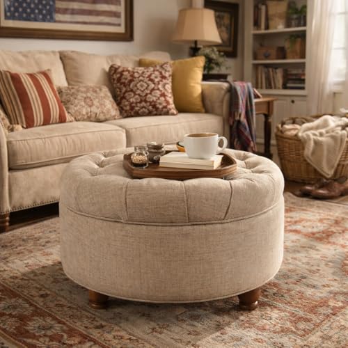 Homepop Home Decor Button Tufted Woven Round Storage Ottoman Large