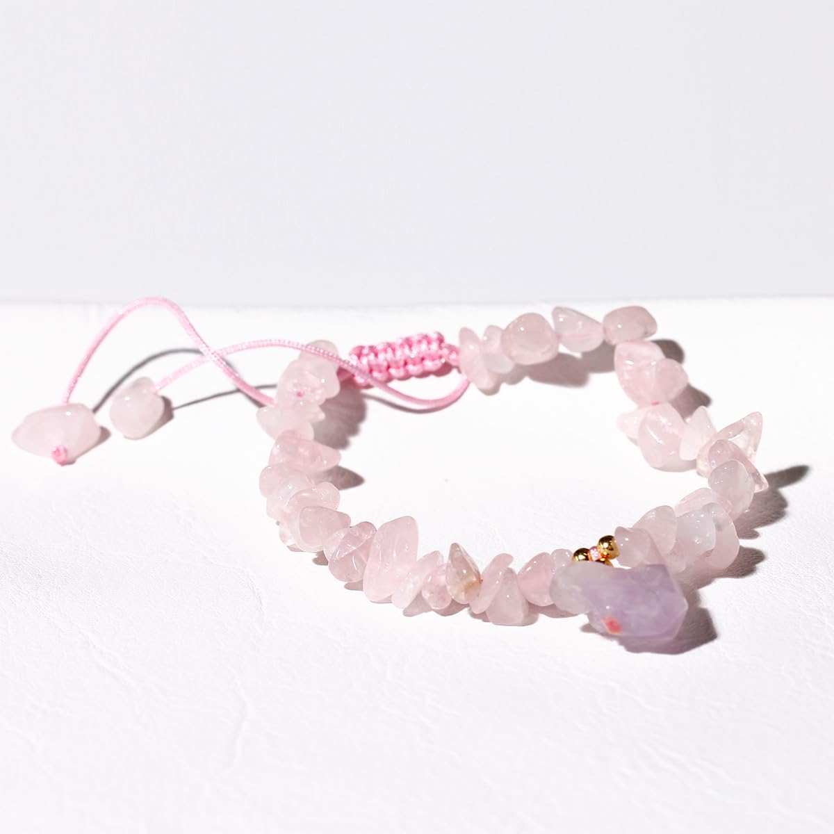 Jewever Chip Reiki Raw Amethyst Rose Quartz Crystal Bracelet for Women Chakra Tumbled Healing Crystals and Gemstones Yoga Meditation Stone Bracelets Adjustable (Rose Quartz)