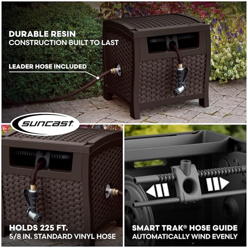 Suncast Hose Reel with Smart Trak Hose Guide, Water-Tight Connection, Durable Resin Construction, 225' Hose Capacity, Brown, Made in the USA