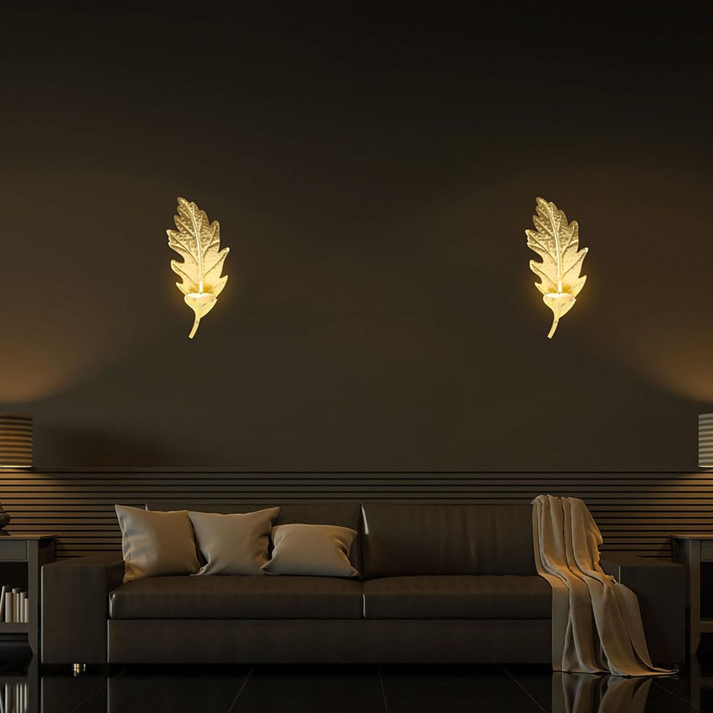 PRETYZOOM Metal Leaf Candle Holder Set of 2 Wall-Mounted Decorative Candlesticks for Home Bedroom Living Room Office Party D Cor 13.93X3.38X1.96In