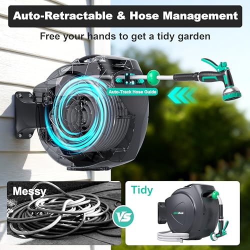 Retractable Garden Hose Reel - 5/8 in x 100 ft Automatic Wall Mount Heavy Duty Automatic Water Hose Reel with 9 Patterns Nozzle, Kink-Resistant Hose, 180° Swivel, Auto-Lock for Outdoor Watering