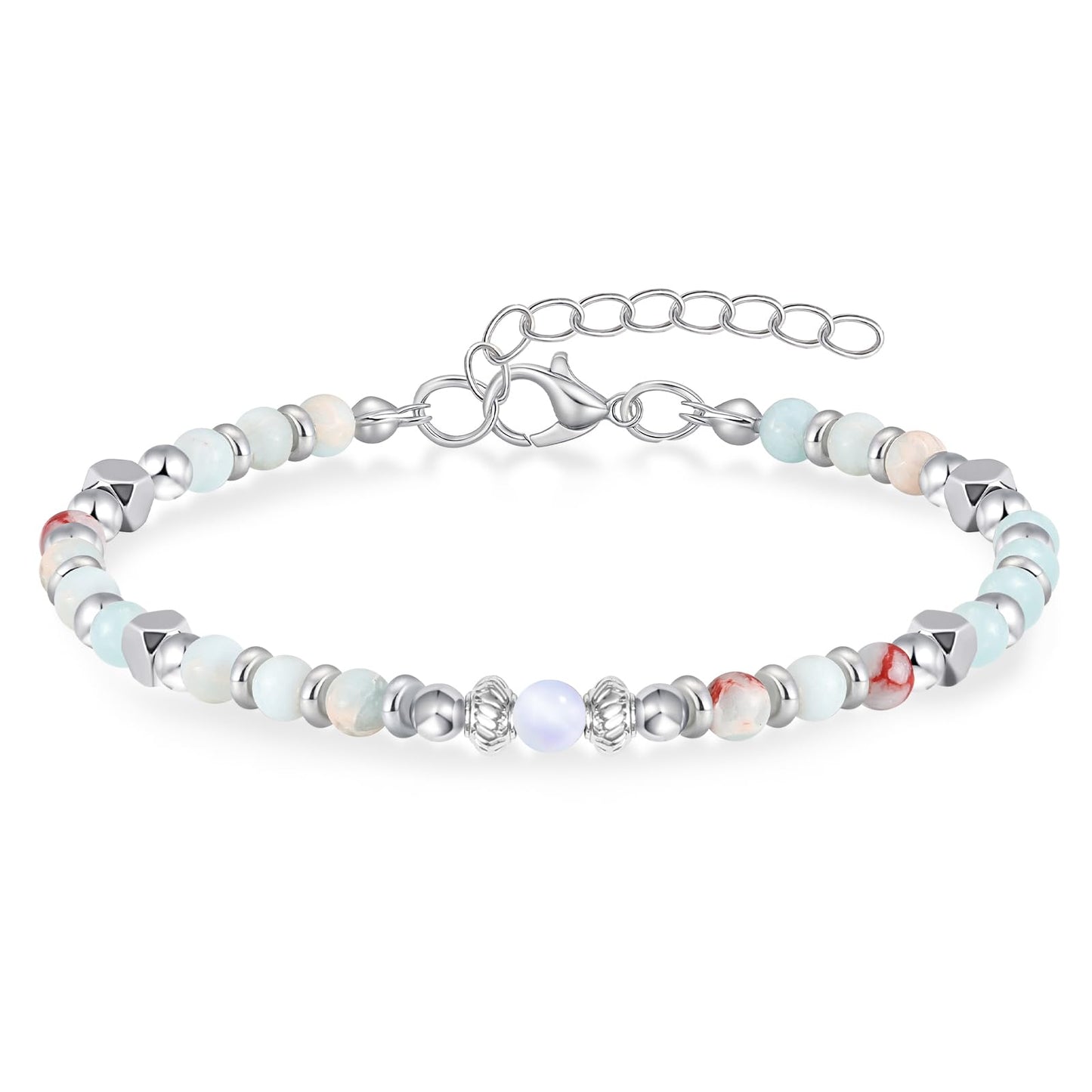 MFTRADING Moonstone Beaded Bracelet for Women - Adjustable Silver Boho Healing Crystal Jewelry Graduation Gift for Sister, Daughter, Niece, Mom