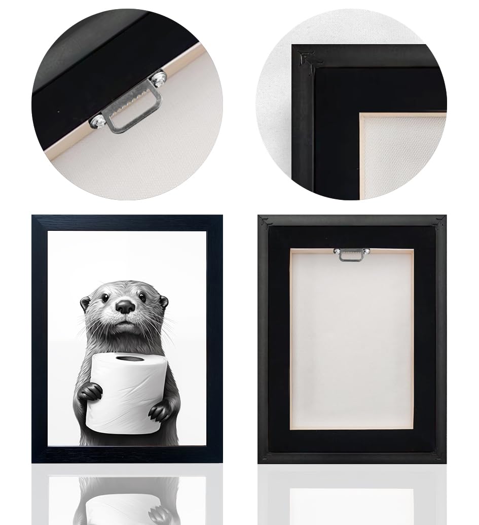 Bathroom Picture Wall Decor, Framed Black and White Bathroom Wall Art, Toilet Paper in Little Funny Raccoon's Hand Animal Canvas Print Painting