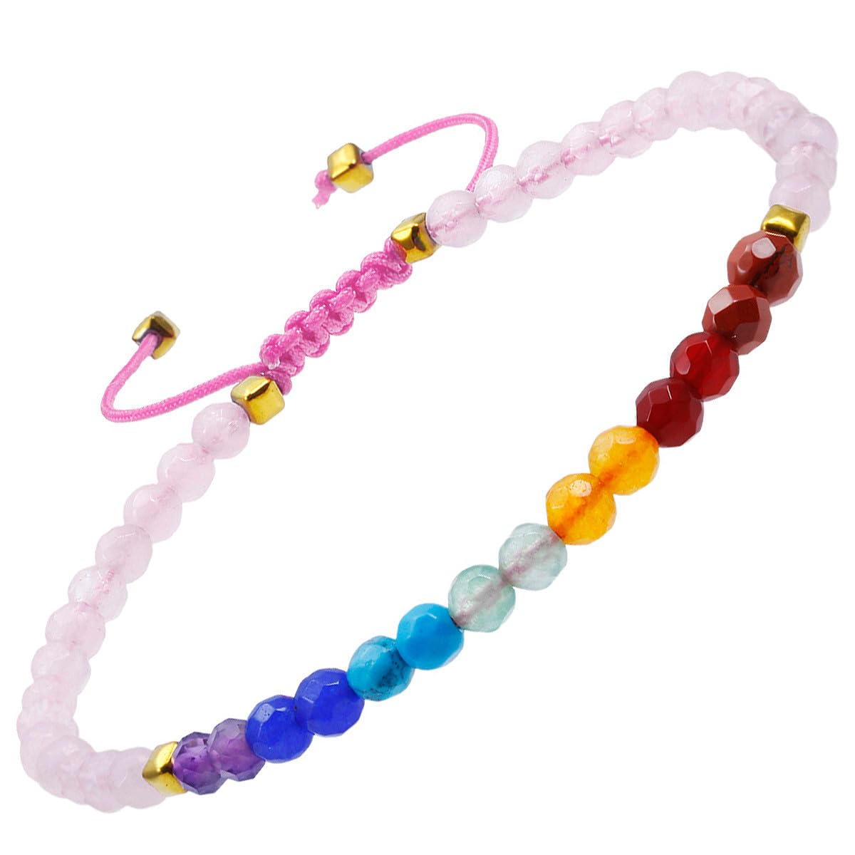 TUMBEELLUWA Beads Bracelets Faceted Stone 7 Chakra 4mm Healing Crystal Bracelet Adjustable Handmade Jewelry for Women,Rose Quartz