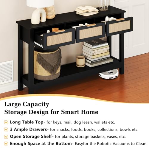 Luoxiao 47" Entryway Table with 3 Rattan Drawers, Narrow Console Table with Storage Shelf, Modern Black Slim Sofa Table for Living Room Hallway Foyer, Boho Entry Way Table, Anti-Tip, Easy Assembly