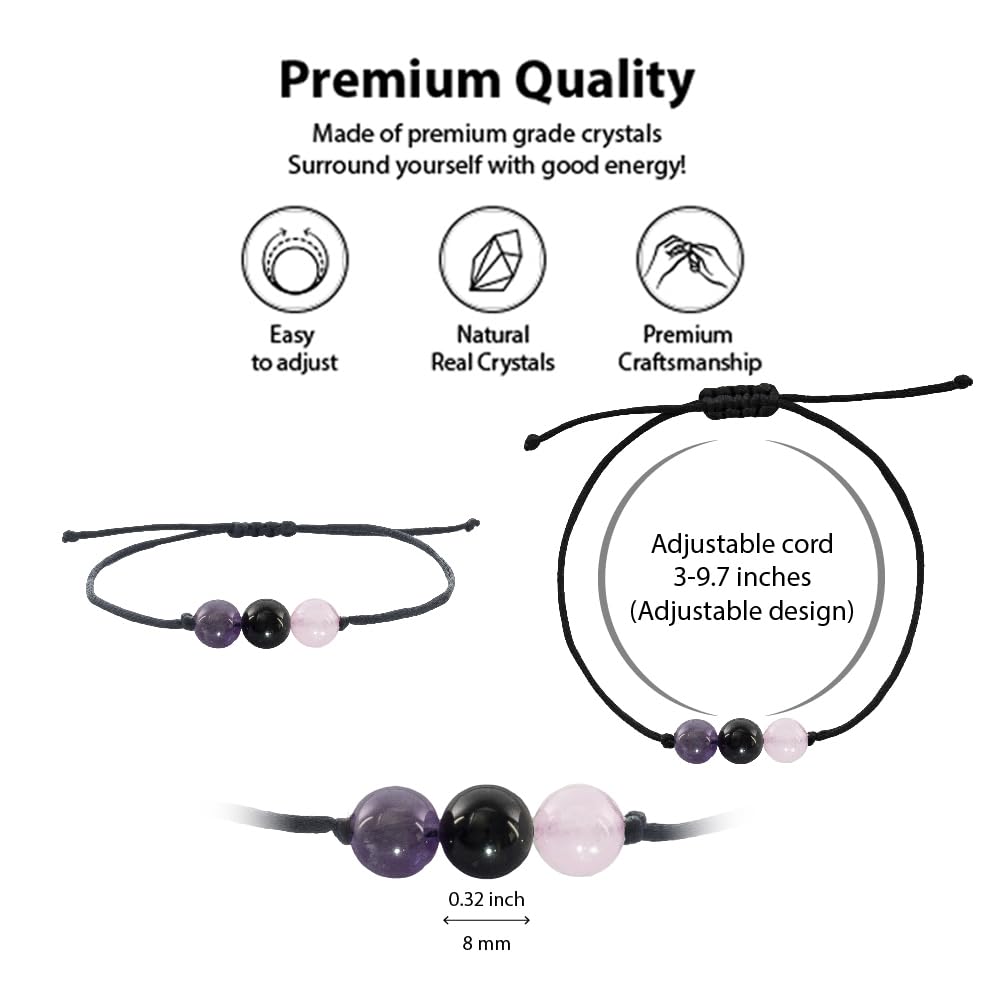 BOHO GARDEN Healing Crystal Bracelet for Anxiety - 3 Real Natural Gem Stones - Adjustable, Beaded Bracelets for Men, Women, Teens - 8mm Bead