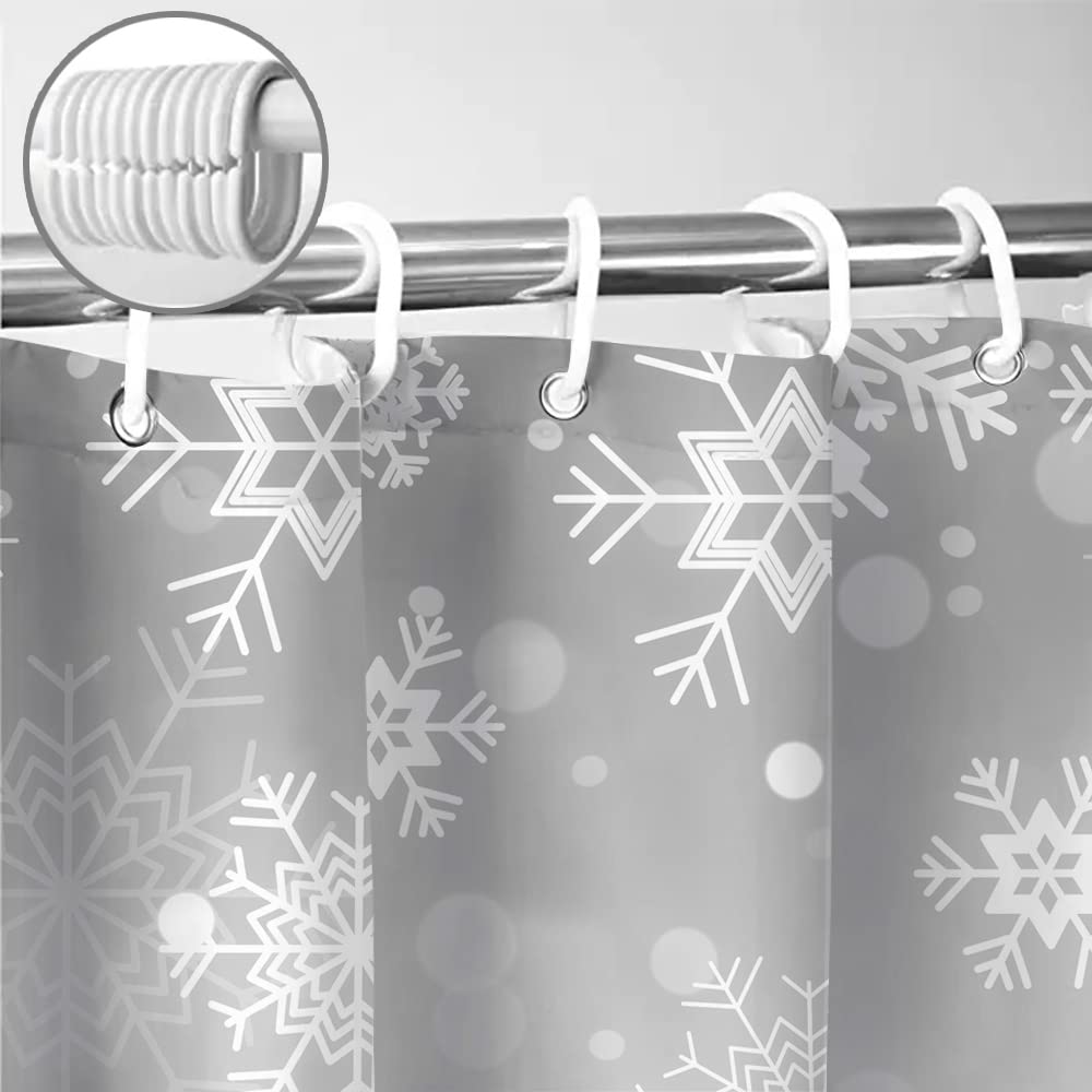 Sanzugh Grey Christmas Shower Curtain, Winter White Gray Silver Snowflake Fabric Shower Curtains Set for Bathroom Sparkly Xmas Snow Decoration with Hooks 72 X 72 inch Bath Decor