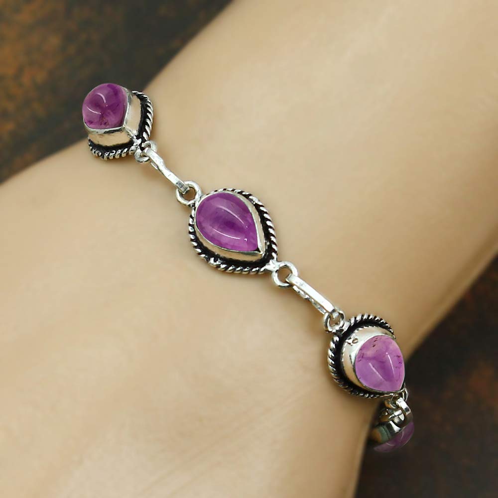 Natural Amethyst Silver Plated Link Bracelet for Women - Purple Stone February Birthstone Handmade Vintage Style Adjustable Jewelry Bracelet - Mother's Day Gifts for Mom Wife