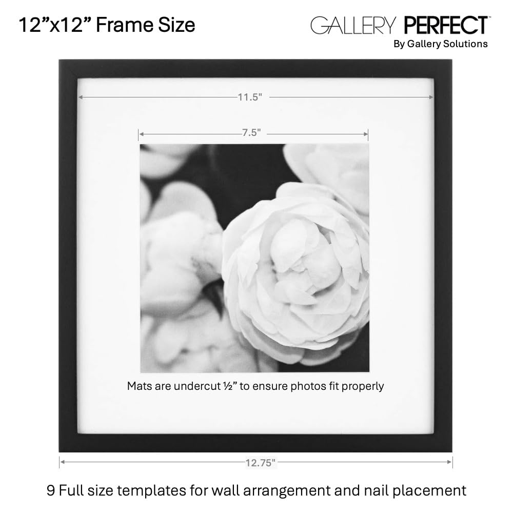 Gallery Perfect 12x12 Picture Frames, 9 Piece Set with Real Glass Cover for 8x8 Photos With Mat, Picture Frames Collage Wall Decor for Gallery Wall, Home Decor, Black