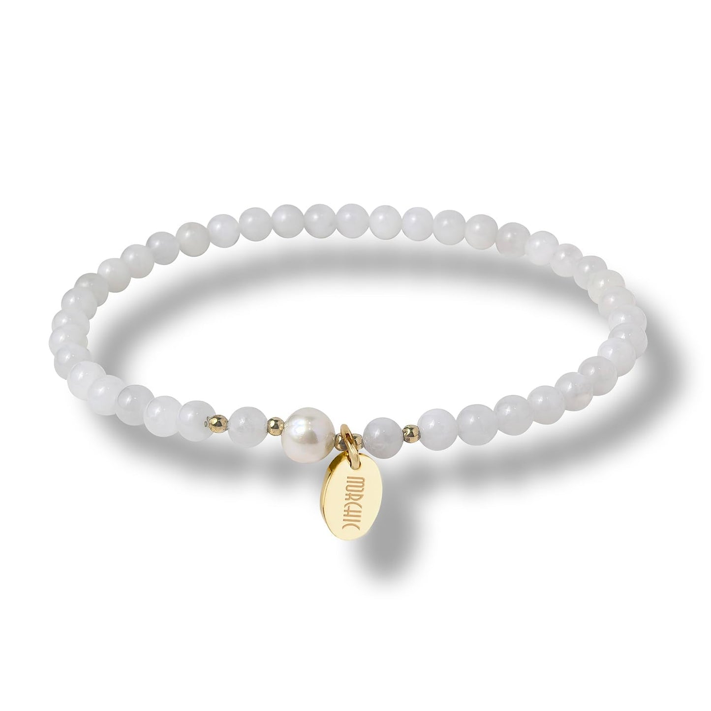 Morchic 4mm Natural Moonstone Gemstone Beads Stretch Bracelet for Women, With Freshwater Pearls, Energy Gem Birthday Gift for Her 7.2”
