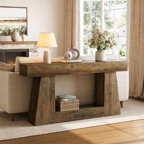 LITTLE TREE 63" Farmhouse Console Table with Storage, Rustic Sofa Table for Entryway, Narrow Long Sofa Table Behind Couch, Console Table for Living Room, Hallway—Versatile Storage Solution, Oak
