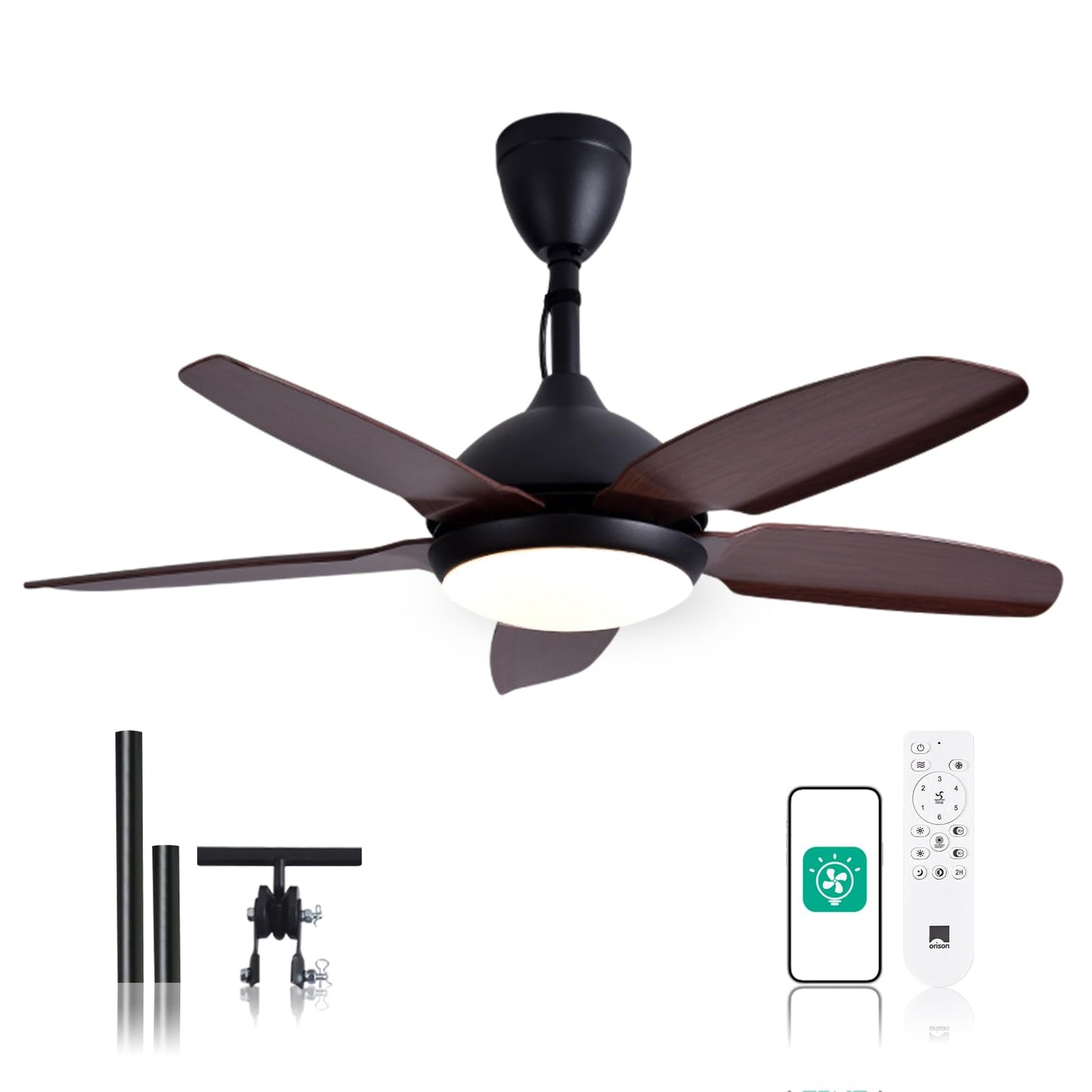 Orison 42" Plug-in Outdoor Ceiling Fan with Light, 5-Blade Hanging Patio Fan for Gazebo Porch, IP44 Waterproof, Quiet DC Motor, 6-Speed, App & Remote Control, Dimmable LED, Reversible, Wood
