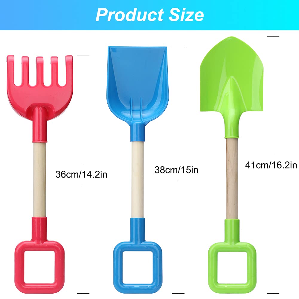 Dilabnba 16'' Kids Beach Shovels Sand Spades Toys Garden Tools, Wood Handle ABS Plastic Spade Rake Scoop for Digging Sandbox Gardening Snow Backyard Summer Outdoor Toy 3-Pack, Blue/Green/Red