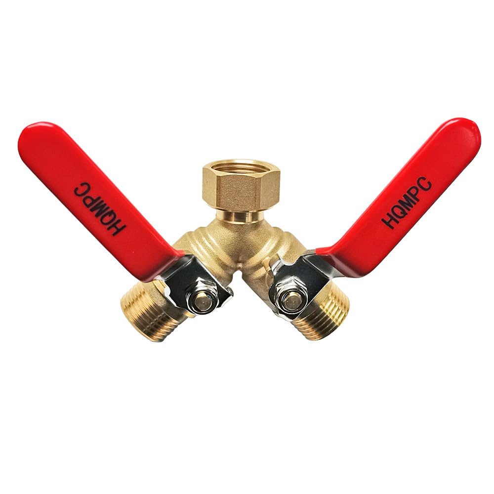 HQMPC Garden Hose Y Valve Splitter With Stainless Steel Long Handle - Brass 2 Way Water Adapter, 3/4" GHT Thread
