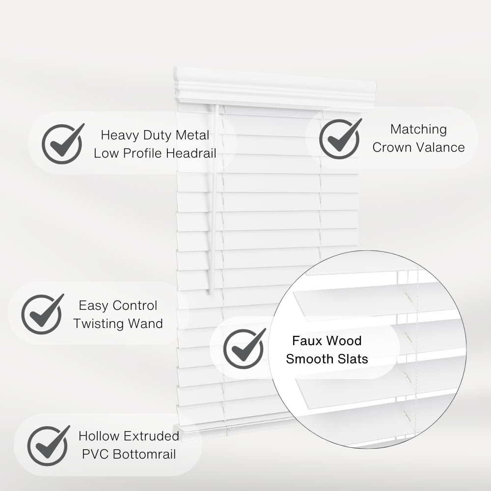Lotus & Windoware Cordless, 2 Inch Faux Wood Blind, 35" Wide x 60" Long, Window Blinds, Blinds & Shades, Blinds for Indoor Windows, Smooth, Bright White - 35" x 60",Bright White