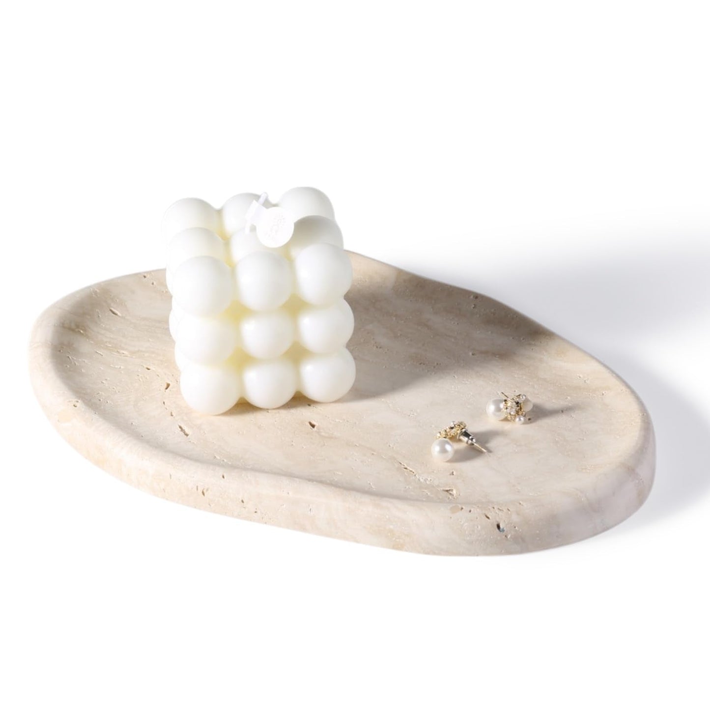 BCS Marble Jewelry Tray Trinket Dish, Decorative Cloud Vanity Key Tray for Women, Perfume Ring Holder Dish for Ring Earring, Cute Jewelry Plate Bowl Aesthetic Room Decor（Beige Travertine）