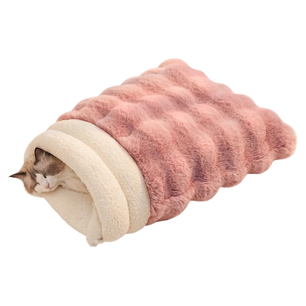 SOMAHE Self-Warming Cat Sleeping Bag, Enclosed Hooded Snuggle Sack with Dual-Side Plush Cat Cave Bed, Portable Foldable Pet Sleeping Pod for Indoor & Travel, Anti-Static, 21.7"x17.7"Pink