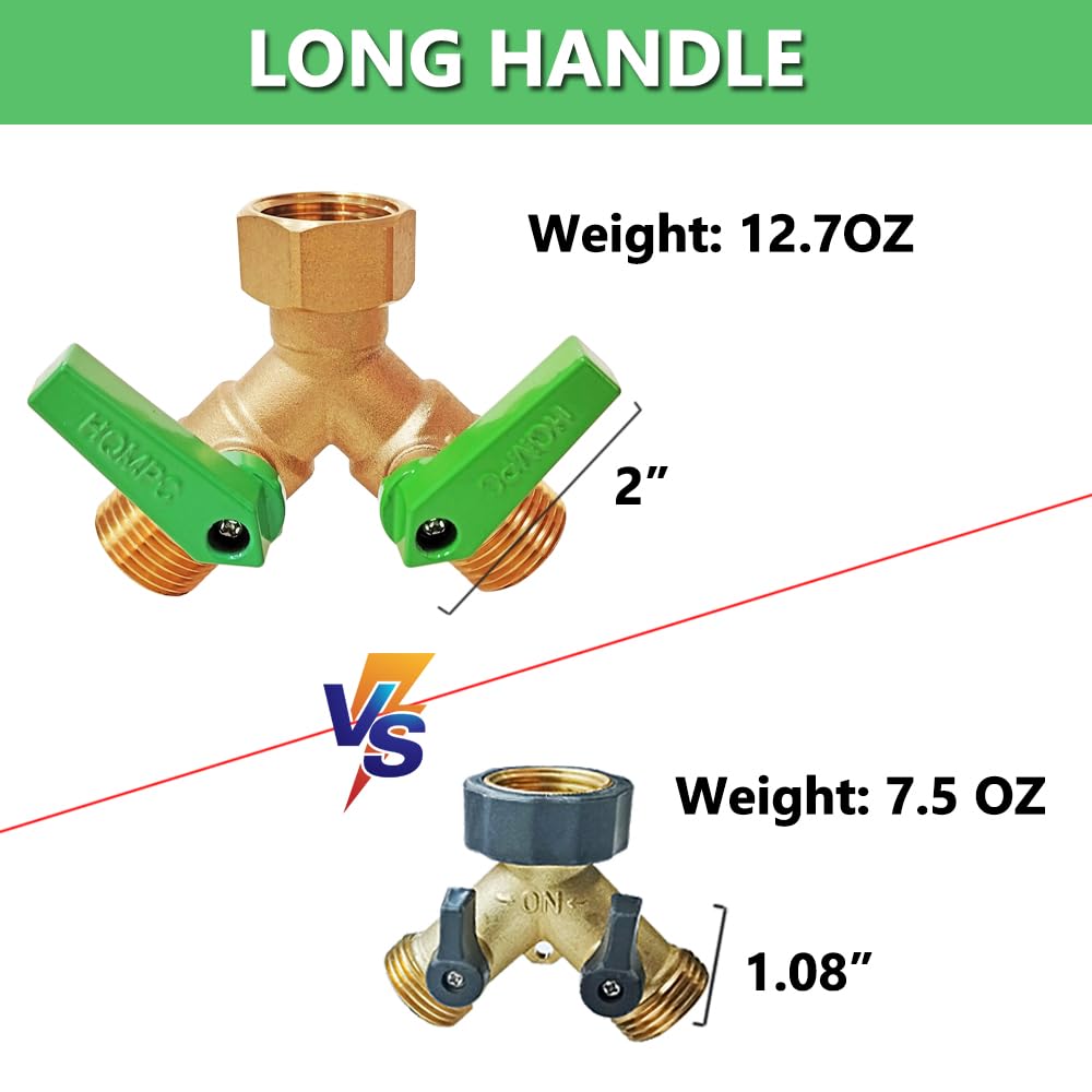 HQMPC Garden Hose Y Valve Splitter With Metal Long Handle Brass Hose Splitter Big Water Flow Hole- Spigot Splitter 2 way 3/4" GHT Thread