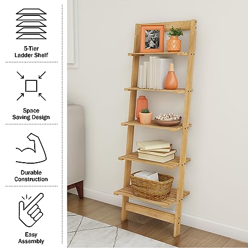 Lavish Home 5-Tier Ladder Shelf - 50-Inch Narrow Leaning Bookshelf - Wooden Bookcase for Living Room, Bathroom, Kitchen, Office, or Bedroom Furniture (Oak)