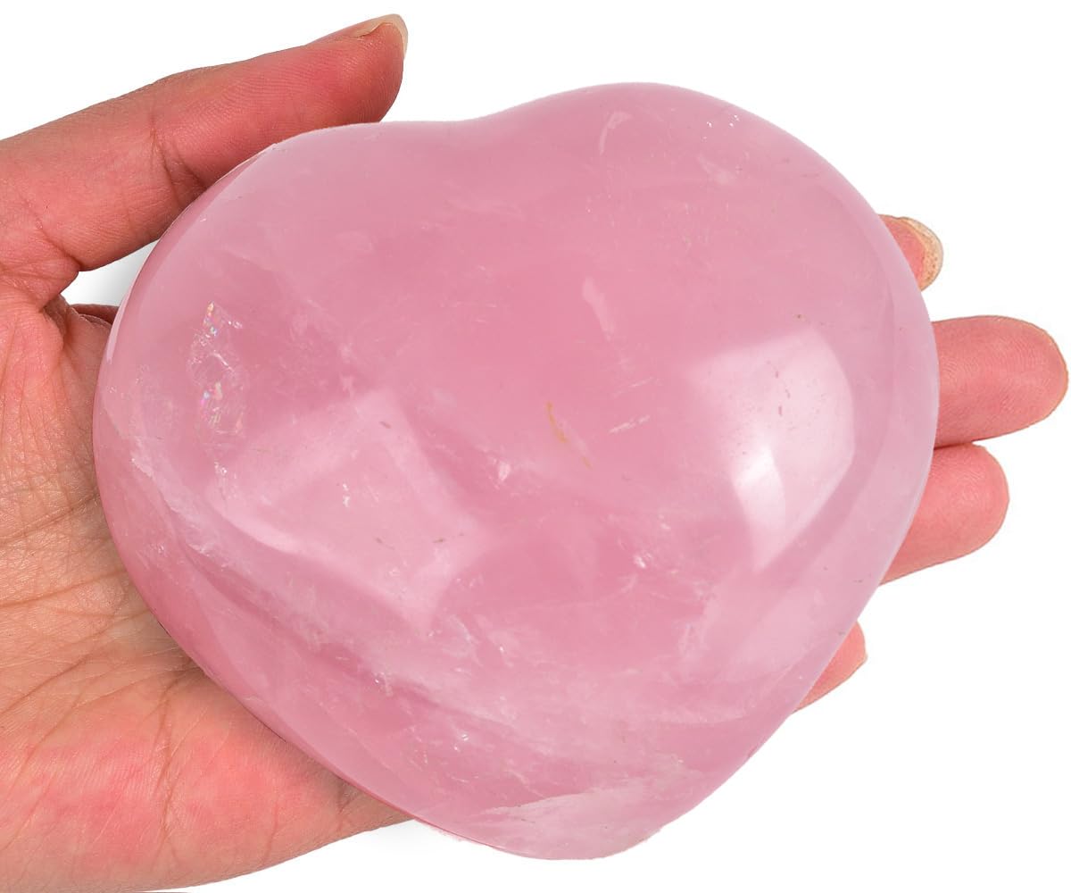 JIC Gem Large Heart Shaped Rose Quartz Crystal Healing Stone Pocket Palm Worry Stone with Display Stand Chakra Reiki Balancing 3.7"-4"
