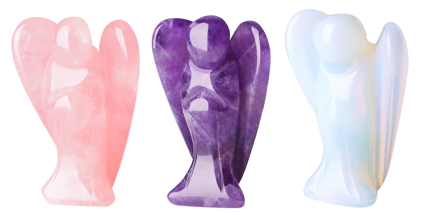 QINJIEJIE 3PCS Crystals Guardian Angel Stones Decor Amethyst Rose Quartz Opal Polished Gemstone Statue Cute Carved Gems Room Office Desk Angel Home Reiki Pocket Peace Angel Gifts for Women