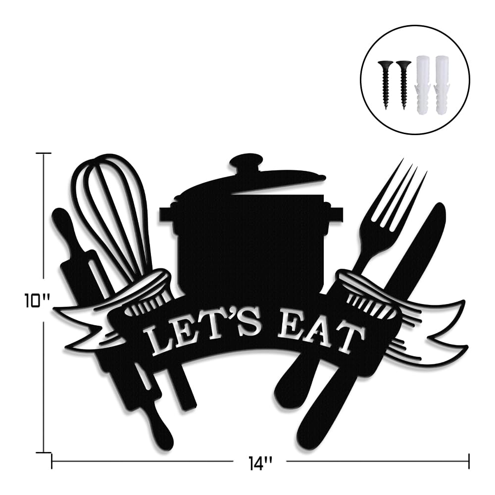 XORT Kitchen Metal Sign, Metal Kitchen Wall Art, Let's Eat Sign for Home Kitchen Dining Living Room Hanging Plaque Decoration. (Black - 14 x 10 inch)