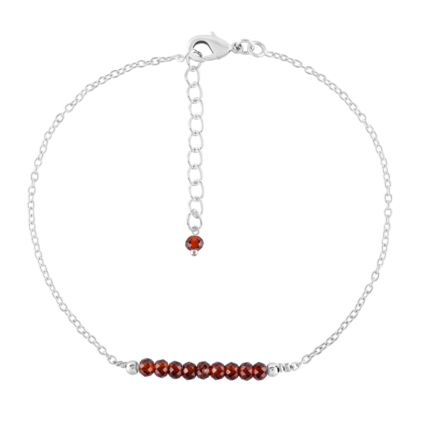 YANARA Garnet Ankle Bracelets for Women, Natural January Birthstone, Red Beads, Boho Chakra Healing Crystals, Dainty Anklet 9"+1.25" inch Silver Plated Adjustable Chain, Valentines Day Gifts For Women