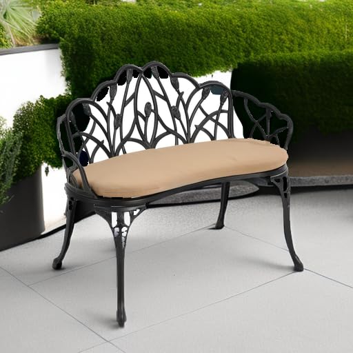 HOMEFUN Outdoor Patio Bench, Garden Benches with Cushion All-Weather Cast Aluminum Extra Loveseat for Lawn Front Porch Path Yard Decor Deck Furniture Black