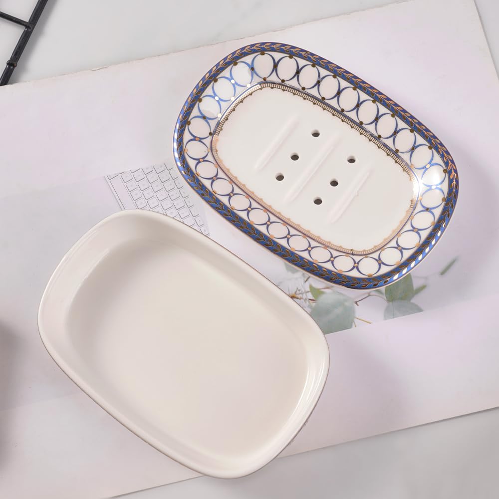 Self Draining Soap Dish, Double-Layer Bar Soap Tray, White Ceramic Soap Dish with Elegant Patterns (Style B)