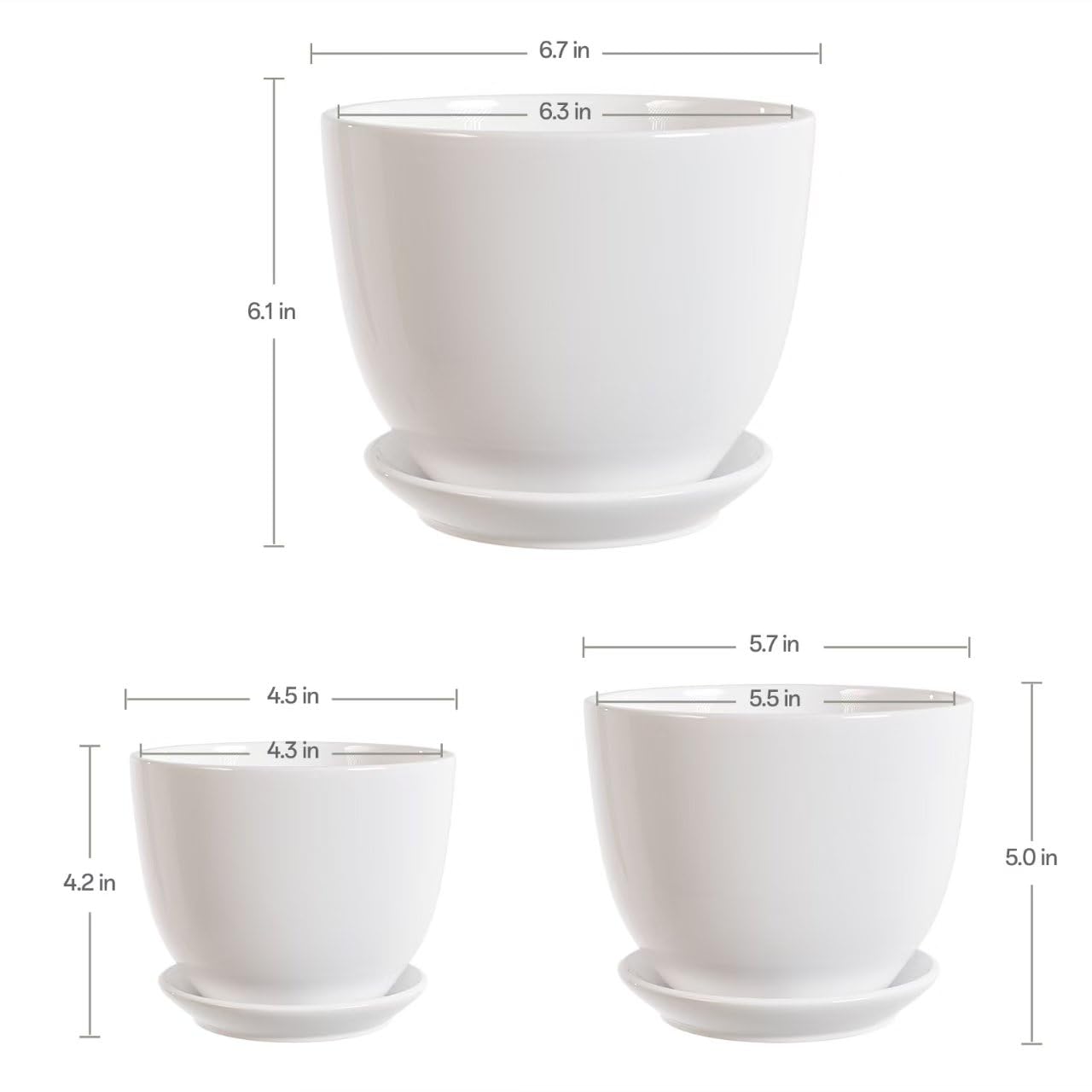 White Ceramic Plant Pots,Set of 3 Indoor Flower Pot with Saucers Small to Medium Sized Planters for Plants,Round Modern Garden Pots(White)