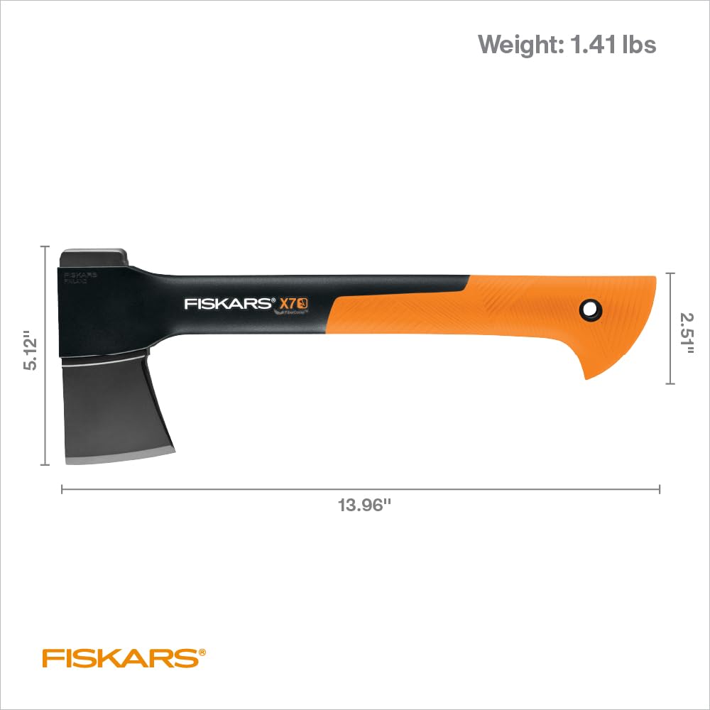 Fiskars X7 Small 14" Hatchet Axe with Sheath for Chopping Wood Kindling for Campfires, Outdoors & Camping, Insert-Molded Forged Steel Head, Low-Friction Blade, Shock Absorbing Handle & Non-Slip Grip