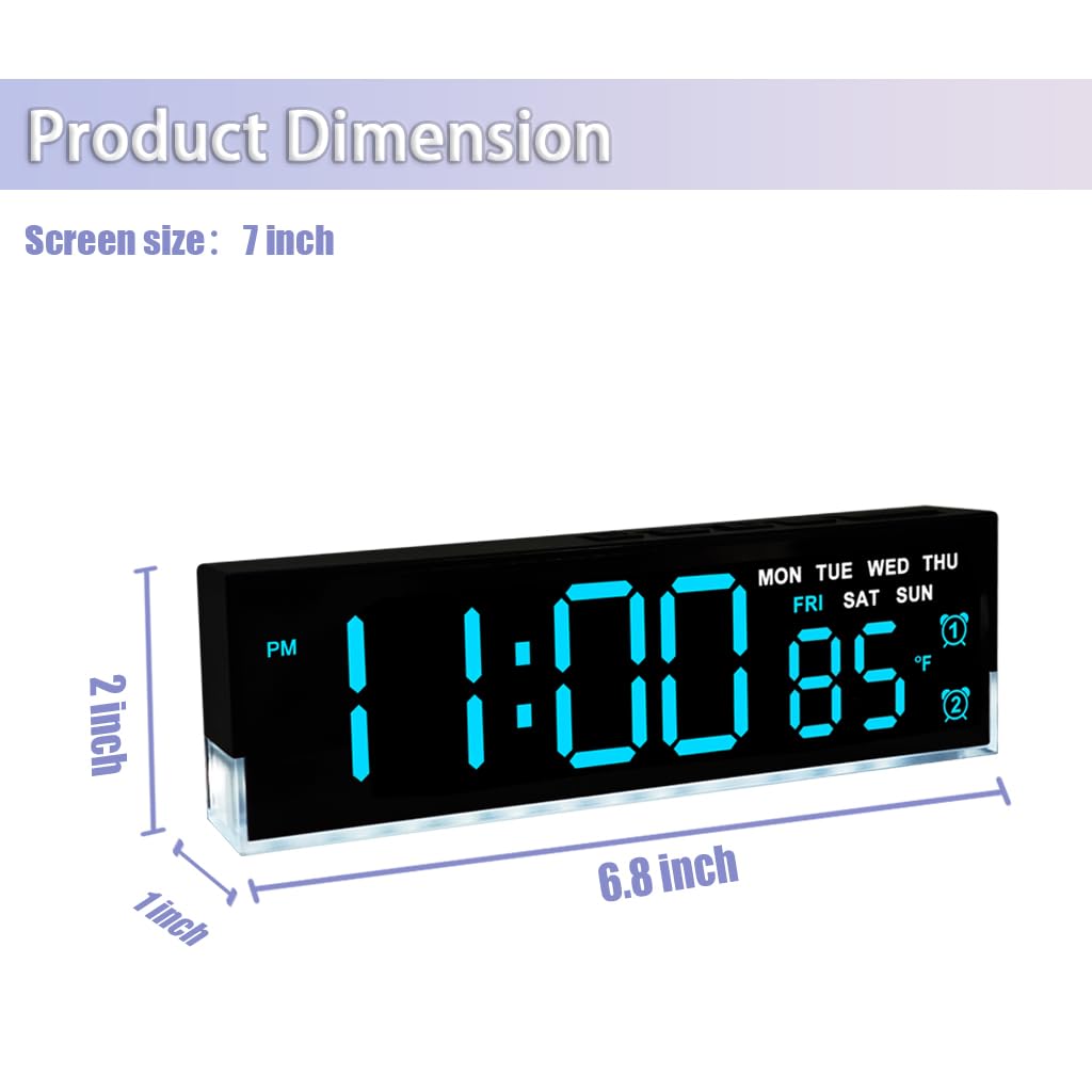 JENLYSTIME 7 Inch LED Digital Alarm Clock with Dual Alarms & Bottom Glow｜Displays Time, Date, Day, Temperature｜3-Level Auto/Manual Brightness, DST, USB or Battery Powered Modern Desk Clock (Blue)