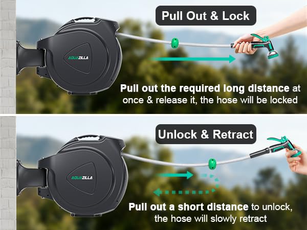 Retractable Garden Hose Reel - 5/8 in x 100 ft Automatic Wall Mount Heavy Duty Automatic Water Hose Reel with 9 Patterns Nozzle, Kink-Resistant Hose, 180° Swivel, Auto-Lock for Outdoor Watering