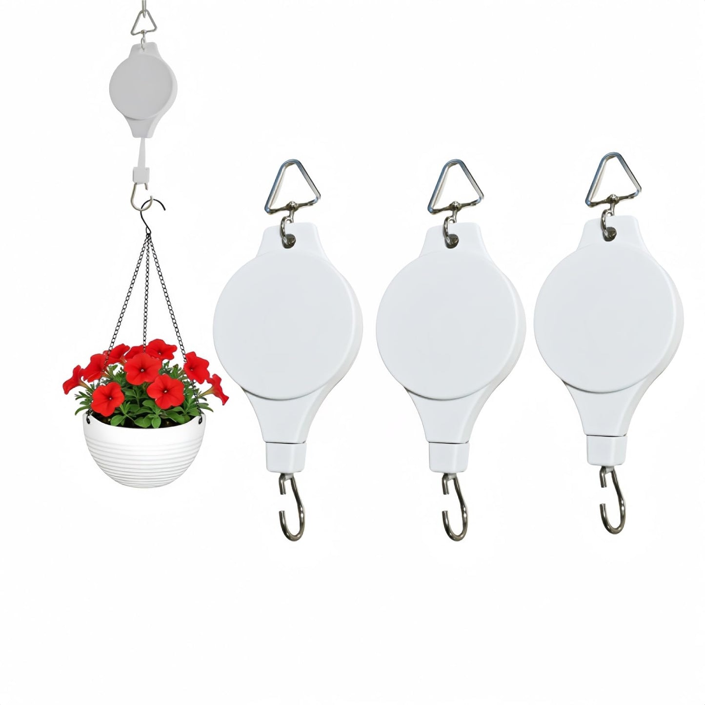 3PCS Retractable Plant Hanger, Adjustable Plant Pulleys for Hanging Plants, Easy to Raise & Lower, Heavy Duty for Garden Flower Pots Hanging Planters Bird Feeders Outdoor Indoor Use(White-3PCS)
