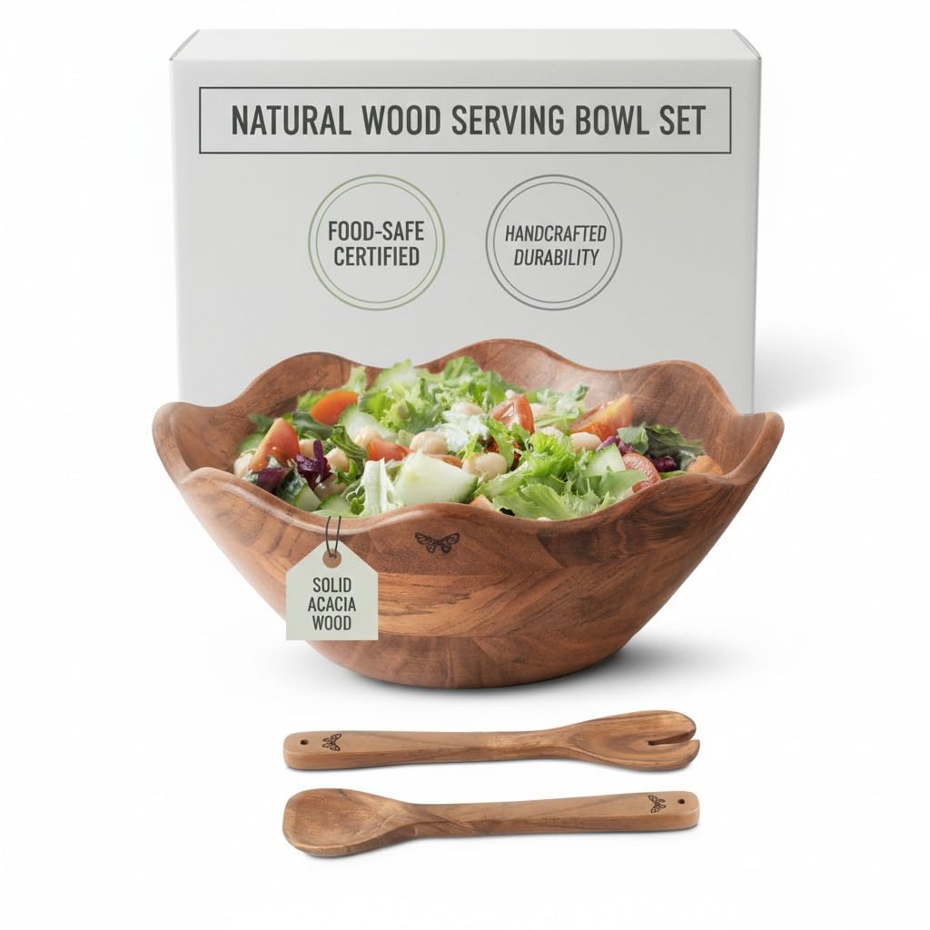 Melvvi Large Wooden Salad Bowl Set with 2 Serving Utensils | 12" Acacia Wood Bowls for Food | Great Mothers Day gift (Natural Set of 3)
