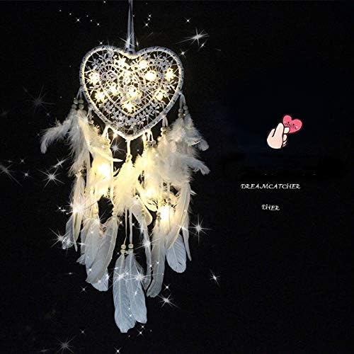 Skreened Christmas Lights，Fashion Handmade LED Light Dream Catcher with Feather Love Heart Dream Catcher Night Light Home Bedside Wall Hanging Home Party Wedding Decoration Gift (White)