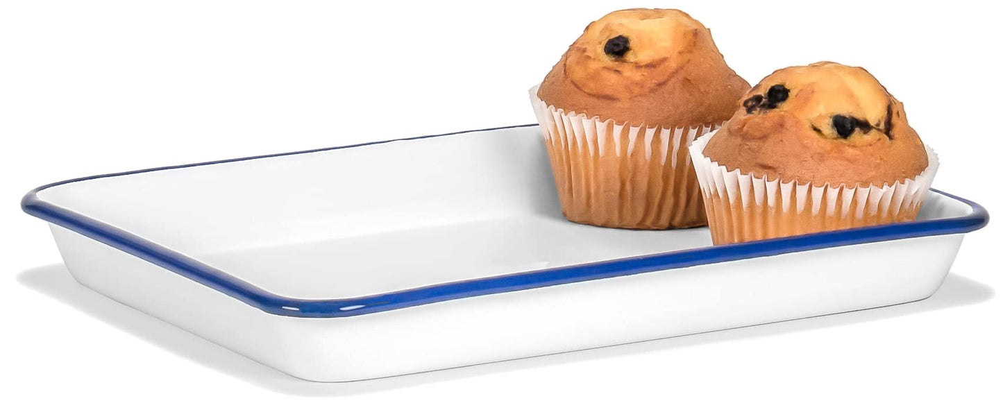 Red Co. 11" x 9" Enamelware Metal Classic 2 Quart Rectangular Serving Tray, Solid White/Navy Blue Rim