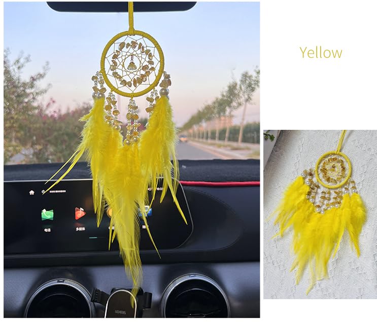 Small Dream Catcher for Car Handmade Boho Hanging Decor for Car Interior Rear View Mirror Feathers Dream Catchers Charms Ornament(Yellow)
