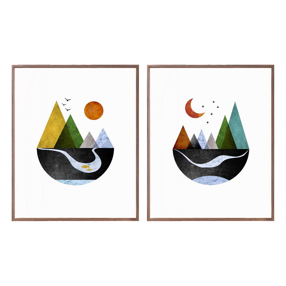 Scandinavian Mountain Wall Art Set of 2, Nordic Geometric Landscape Prints, Minimalist Abstract Poster for Living Room Bedroom Office Decor, Boho Scandi Wall Decor, Unframed 11x14 Inch