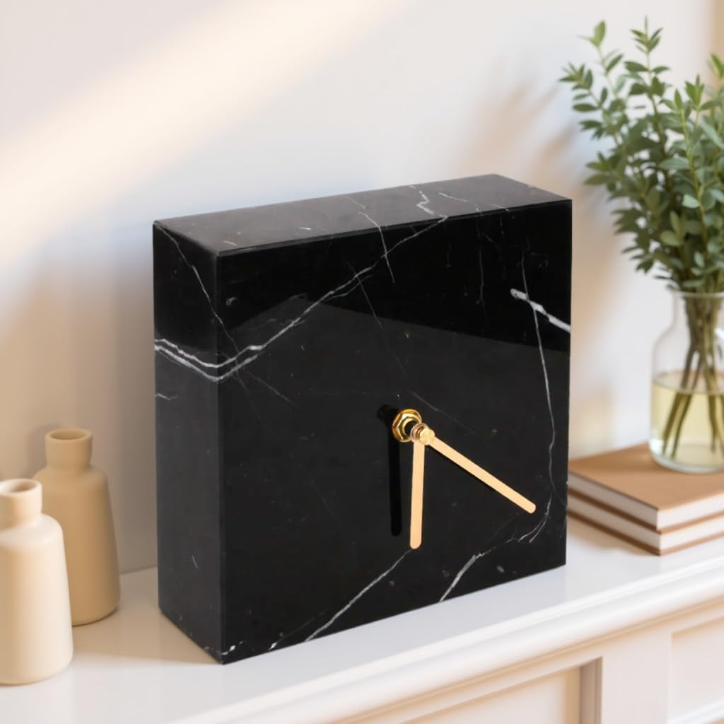AD Furnishes Solid Marble Modern Mantle Clock, Minimalist Clock - Sleek Marble Fireplace Decor with Unique Streaks, Square Analog Design for Decorations in Living Room and Mantel Decoration Fireplace