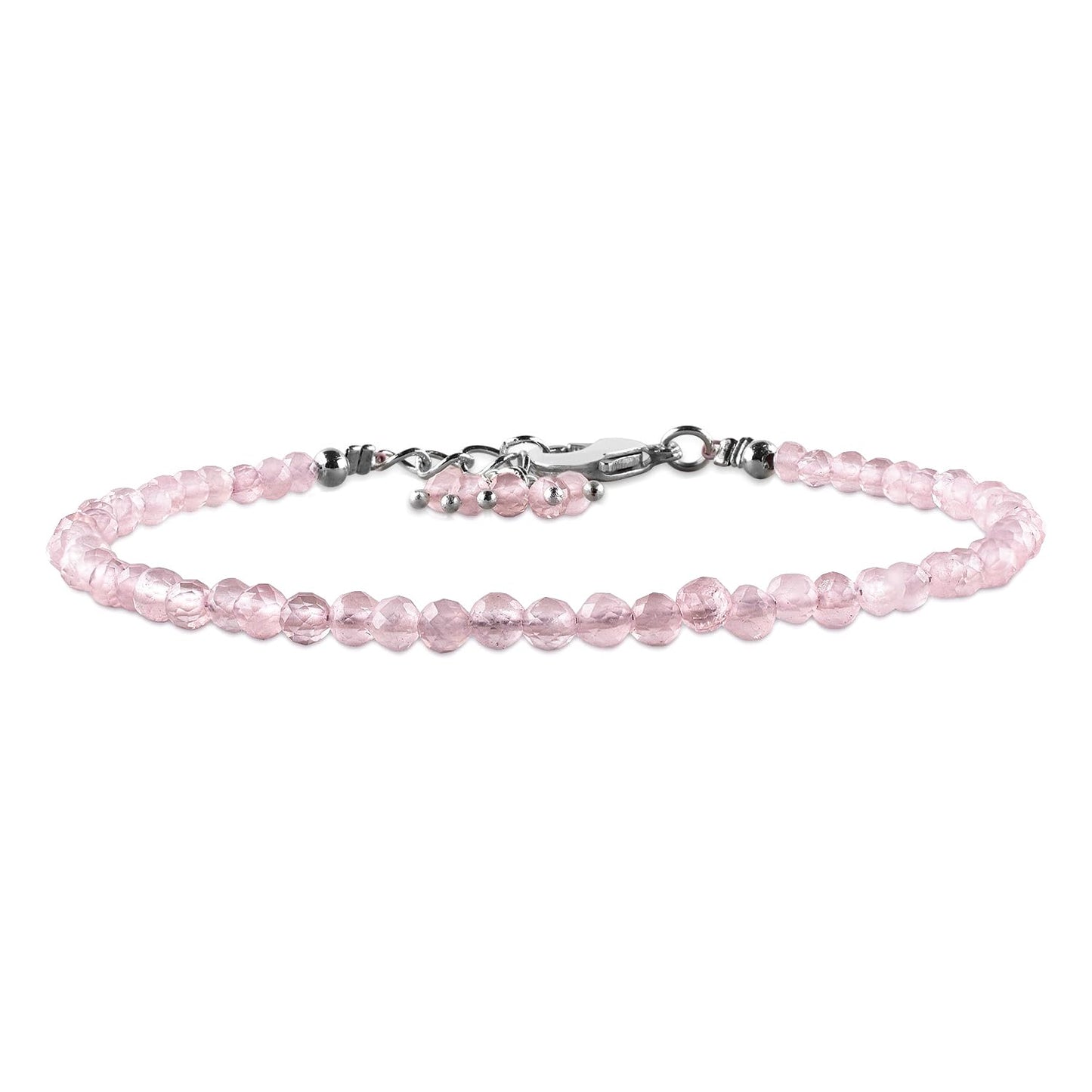 QNAVIC Pink Rose Quartz Micro Round Beads Dainty Bracelet for Women, Birthstone Bracelet jewelry Chakra Healing Crystals, Silver Plated Chain 8 inch Birthday Gift for Her
