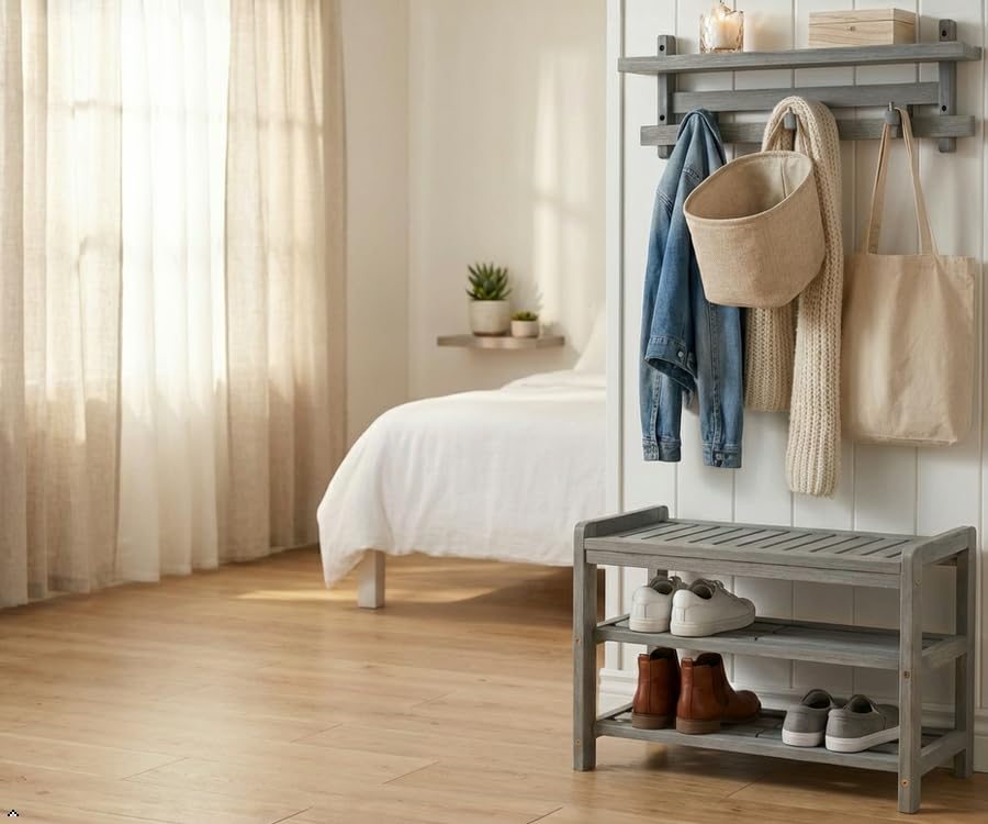 APPAFUN 27-Inch Wooden Shoe Bench for Entryway, 3-Tier Storage Organizer, Rustic Shoe Rack Bench for Narrow Spaces, Brush Grey