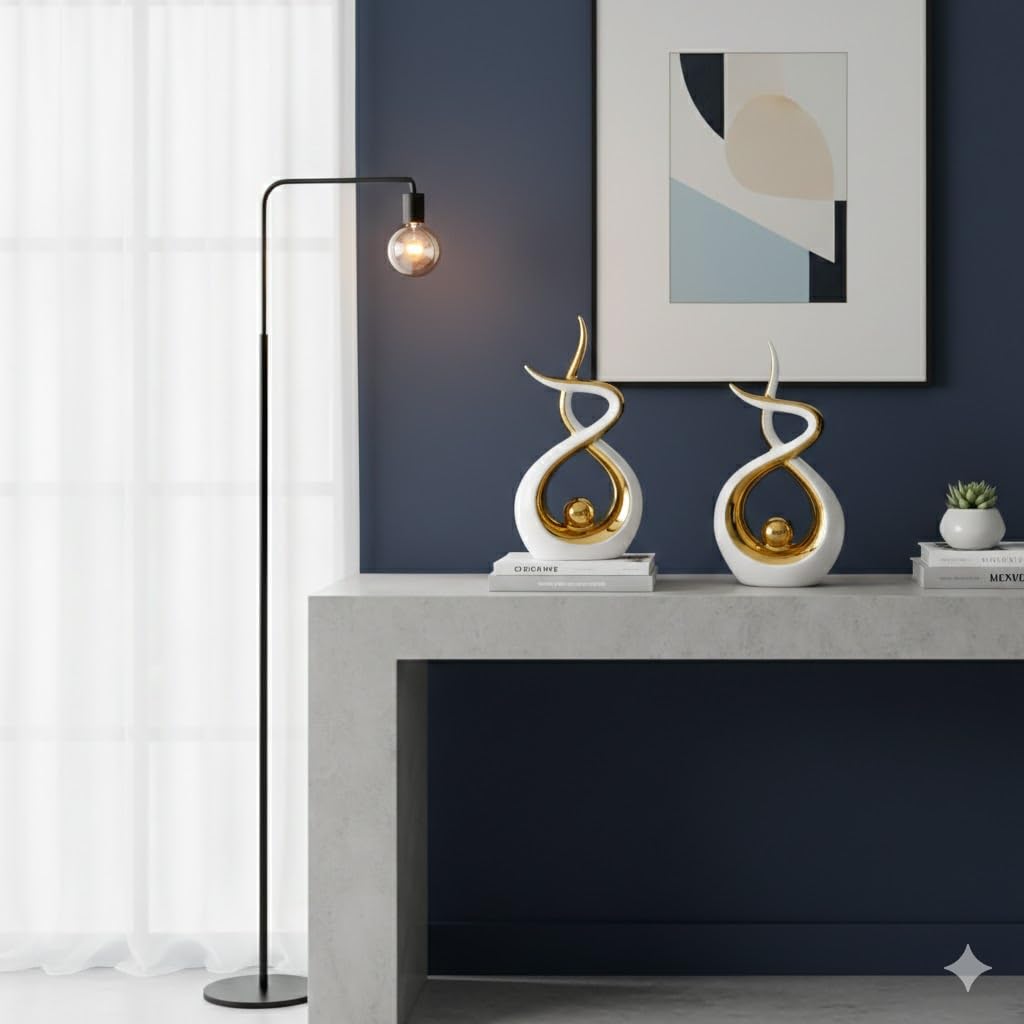 Querro Modern Abstract Ceramic Statue - Elegant White & Gold Decor for Home Living Room, Dining Table Centerpiece & Office Shelf | Luxury Aesthetic Sculpture (Large)