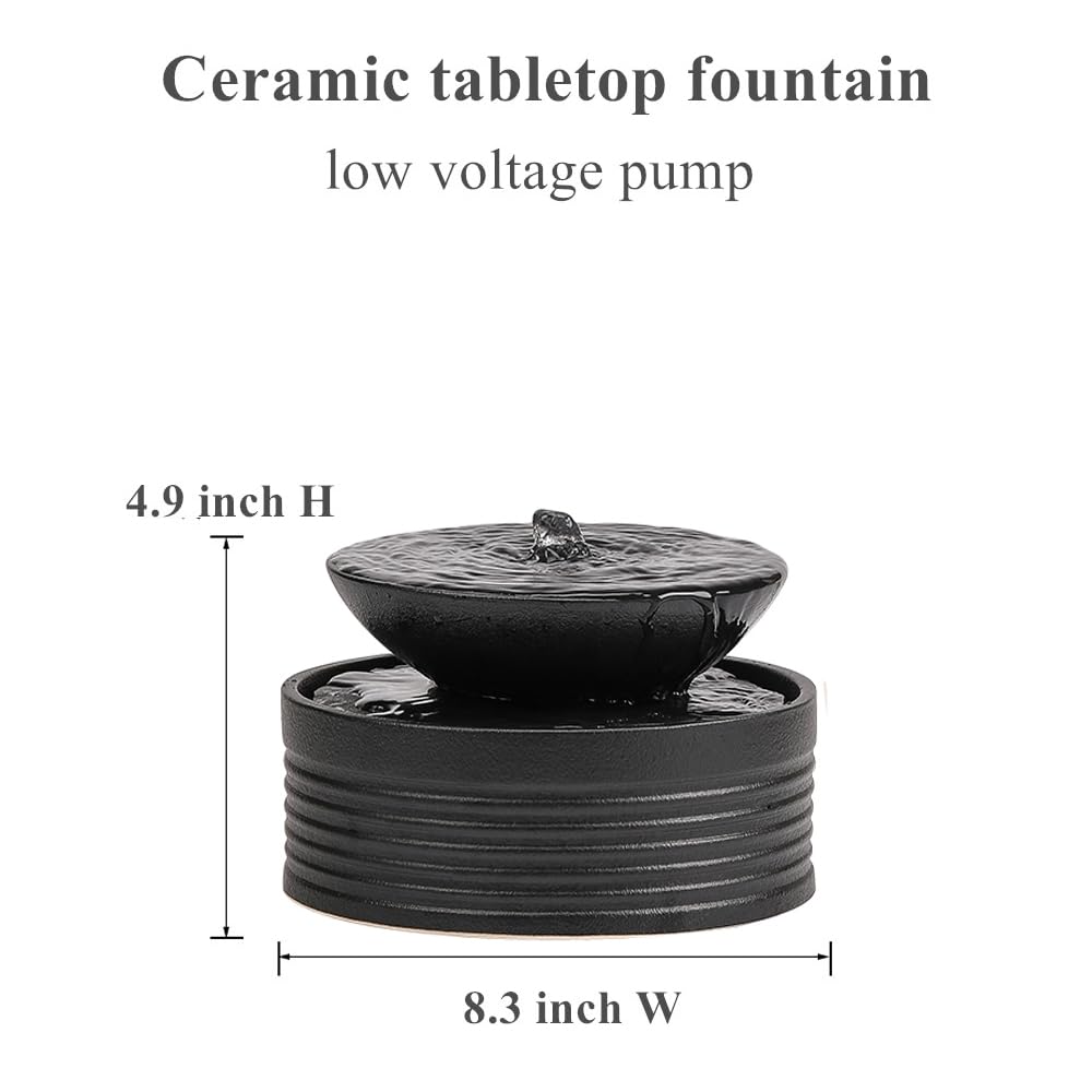 Outdoor and Indoor Ceramic Tabletop Desktop Fountain Water Feature Home and Office Decoration (Black A193)