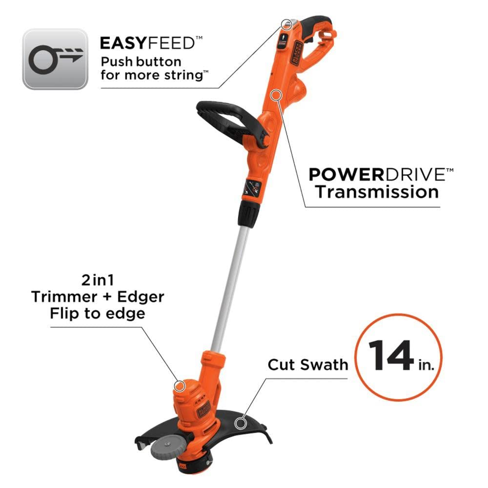 BLACK+DECKER String Trimmer Weed Eater, Corded Electric Weed Wacker, 6.5 AMP Motor, 14-inch Cutting Deck, 2 in 1 Trimmer and Edger, Lightweight and Powerful (BESTE620)