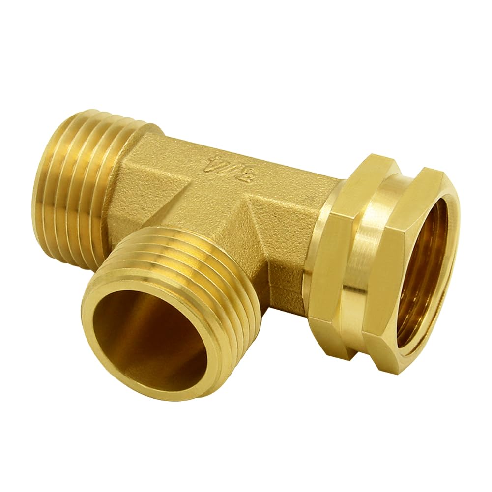 Hooshing Brass Garden Hose Tee Fitting 3/4" GHT Female x Male x Male Pipe Fittings Swivel Garden Hose Adapter