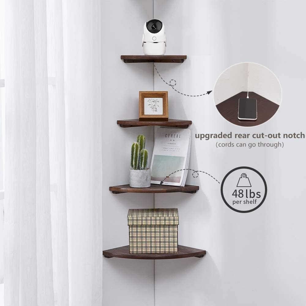 Conamily Corner Shelf,14inch Walnut Solid Wood Floating Corner Shelves Wall Mount Round End Floating Speaker Rack with Wire Hole for Small Plant for Bedroom Kitchen, Living Room