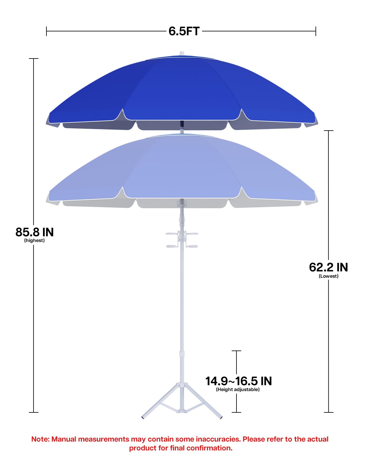 paramondo Portable Beach Umbrella with Cup Holder - 6.5FT Blue and White Striped Sun Umbrella, Adjustable Aluminum Alloy Pole, Windproof & UV Protection for Sand, Patio, and Backyard, Solid Blue