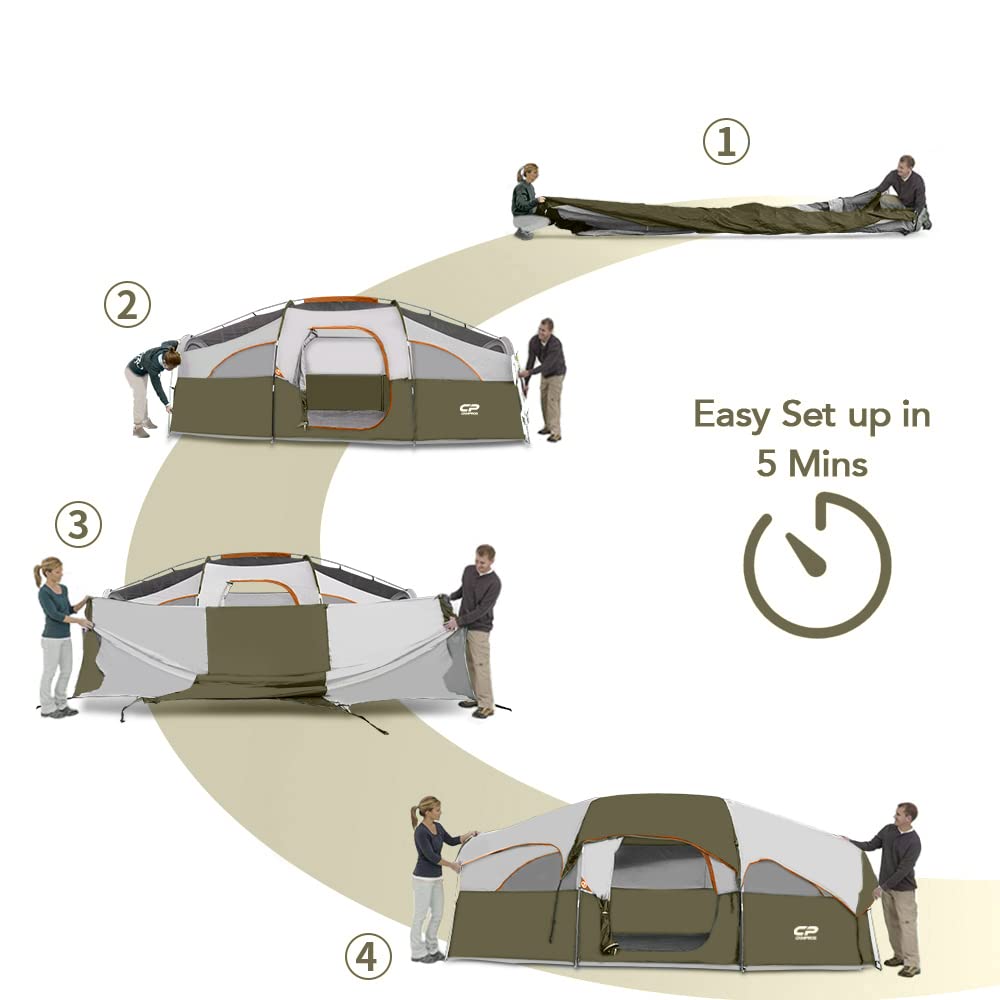 CAMPROS CP Tent 8 Person Camping Tents, Weather Resistant Family Tent, 5 Large Mesh Windows, Double Layer, Divided Curtain for Separated Room, Portable with Carry Bag - Olive